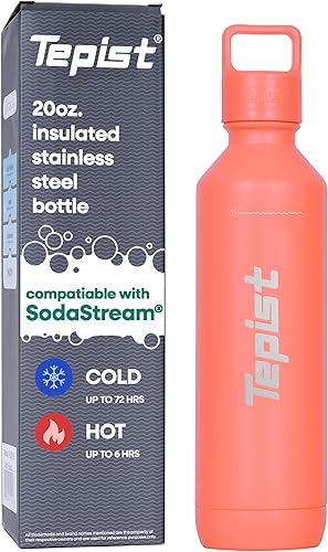 TwentyO - Botella de acero inoxidable de 20 onzas compatible con máquinas Sodastream  Coral recubierto de polvo  Sellado al vacío  Doble pared  A