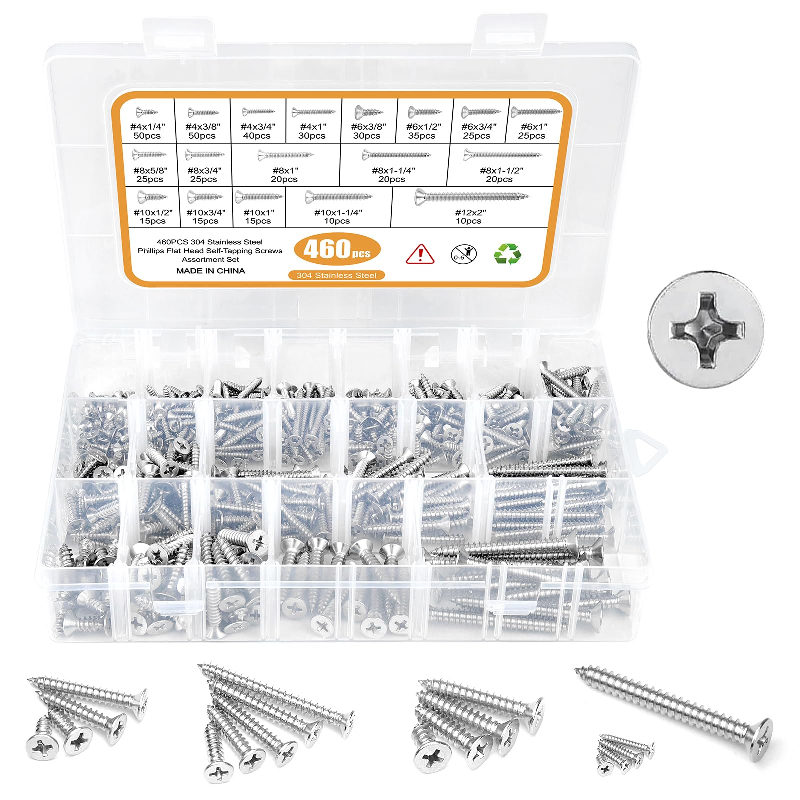 460PCS Stainless Steel Wood Screws Assortment Kit, 18 Sizes #4#6#8#10#12 Flat Head Sheet Metal Screws Self Tapping Screws Set for Wood Deck Drywall