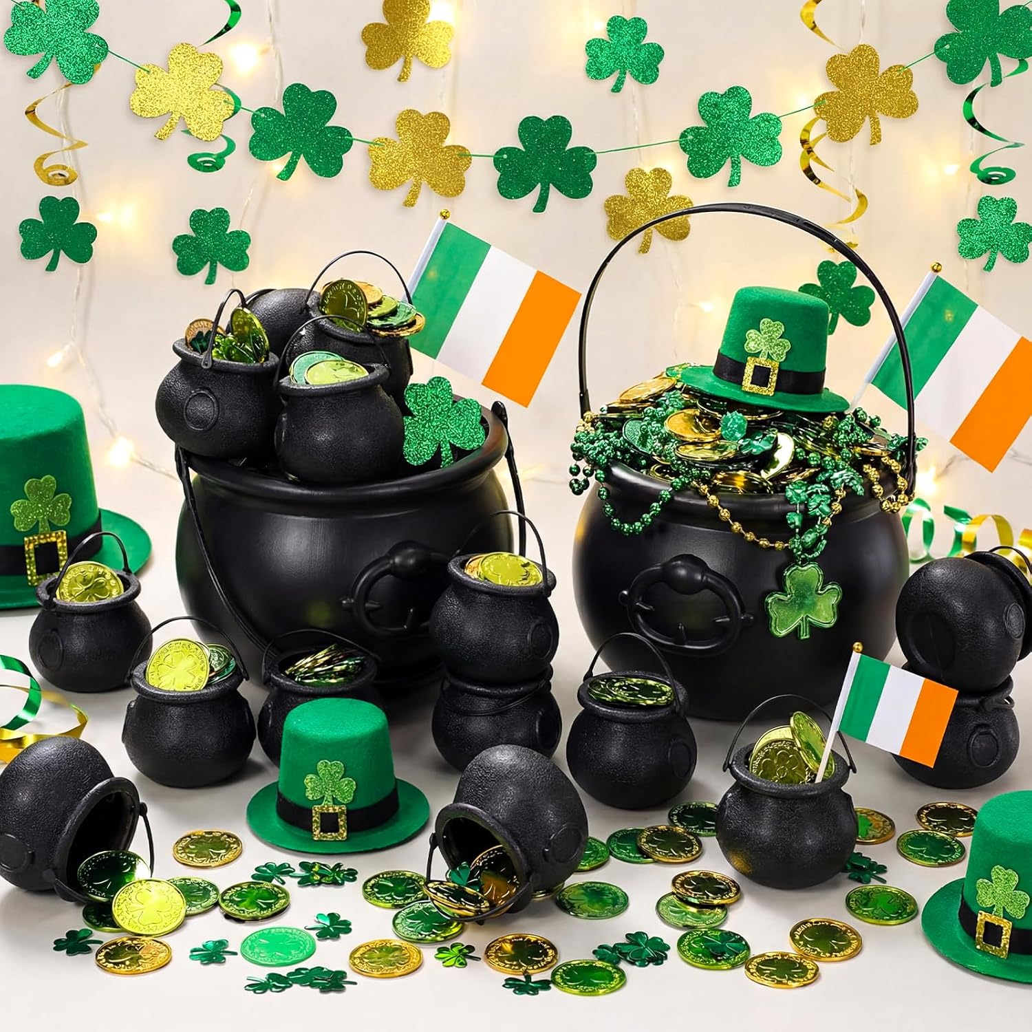 Bucherry 26 Pcs St. Patrick's Day Cauldron, 2 Large Pot of Gold Bucket 24 Mini Cauldrons Bucket, Plastic Cauldron Bowl with Handle Lucky Leprechaun Kettle for St Patrick Witch Party Decorations(Black)