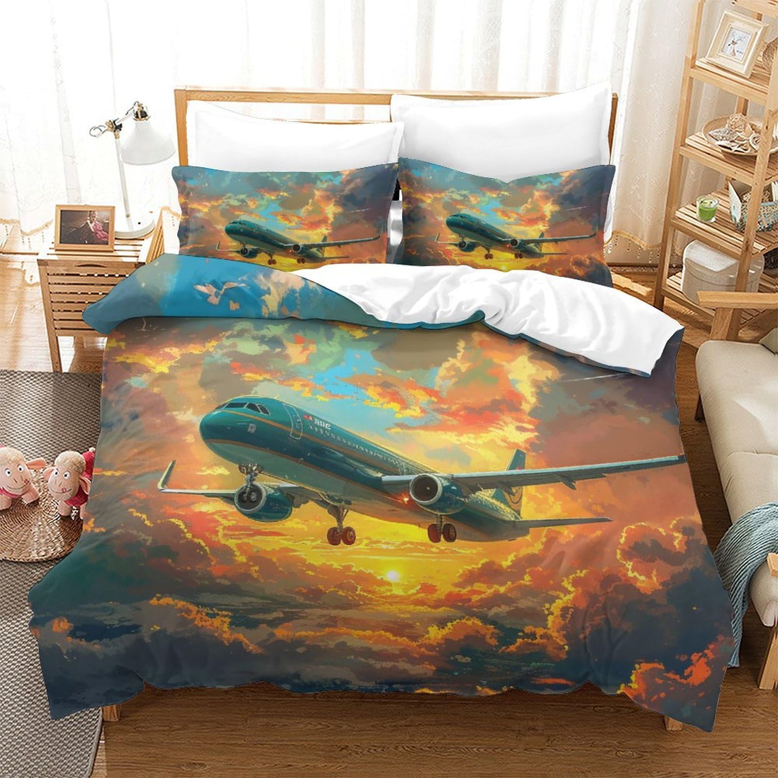 Housse de couette avion 260x220 avec taies d'oreiller pour lit enfants et ados