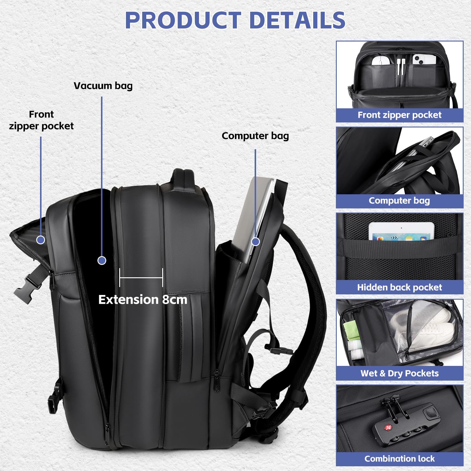 Sac à dos de voyage sous vide avec pompe, compression par airbag, extensible de 36 à 60 L, compatible avec les bagages à main, antivol TSA, pour trekking, travail, pour femmes et hommes, noir