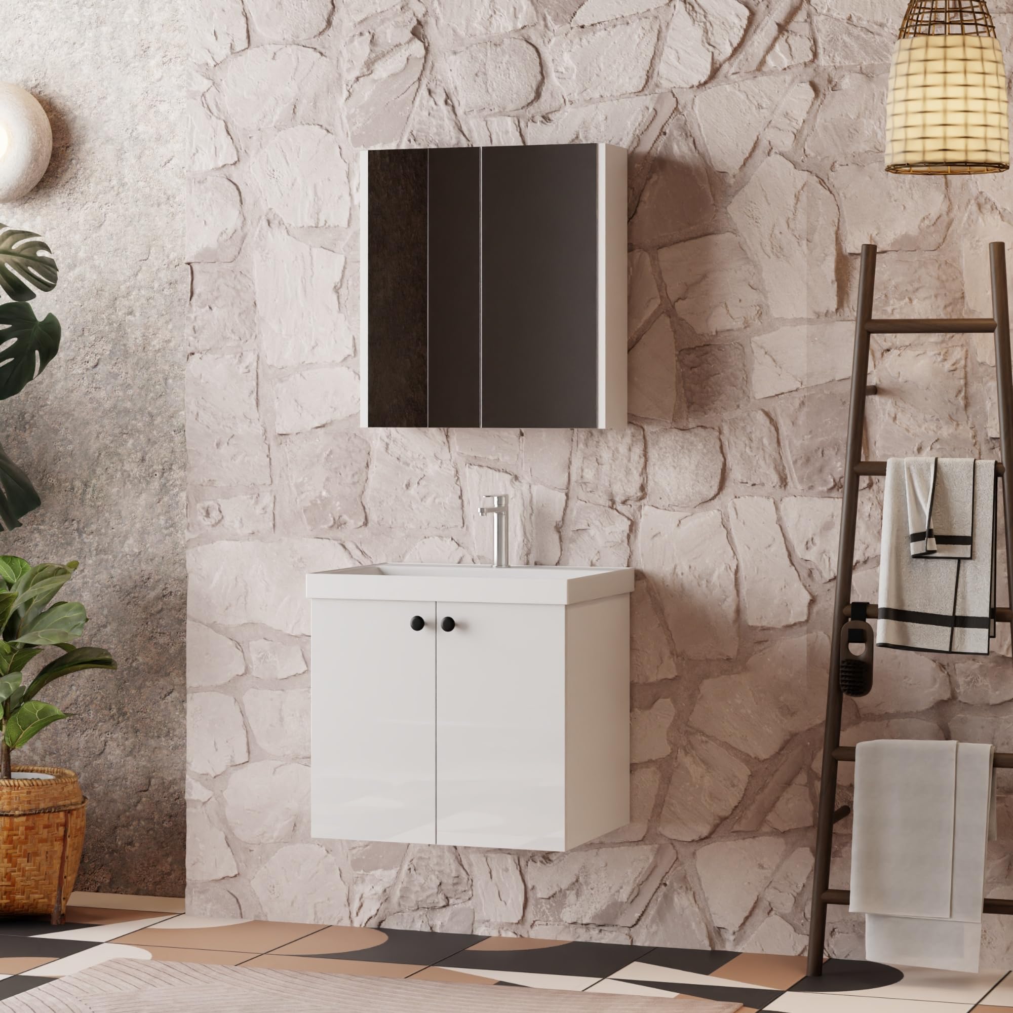 Badmöbel Set Weiß | Badezimmermöbel 3 teilig | Waschtisch mit Unterschrank | Waschbecken | Spiegelschrank | Waschbeckenunterschrank | Badschränke | Komplettset (Mimoza 60)