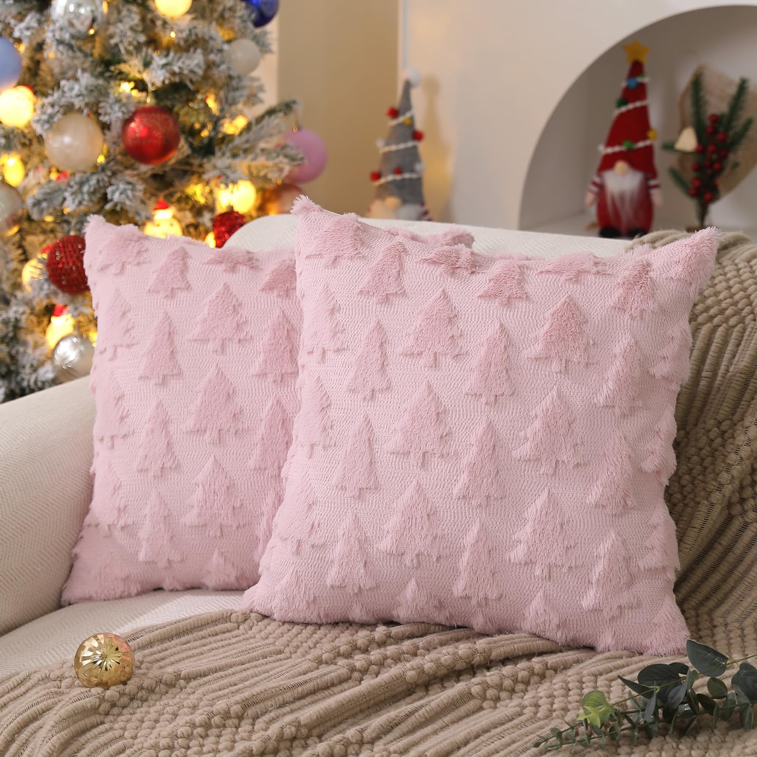 DFXSZ Christmas Tree Pillow Covers 18x18 inch Set of 2 Christmas Decoration Pink Soft Plush Faux Fur Jacquard Throw Pillows for Bedroom Sofa Holiday Festivals Winter Home Decor PTK006D18