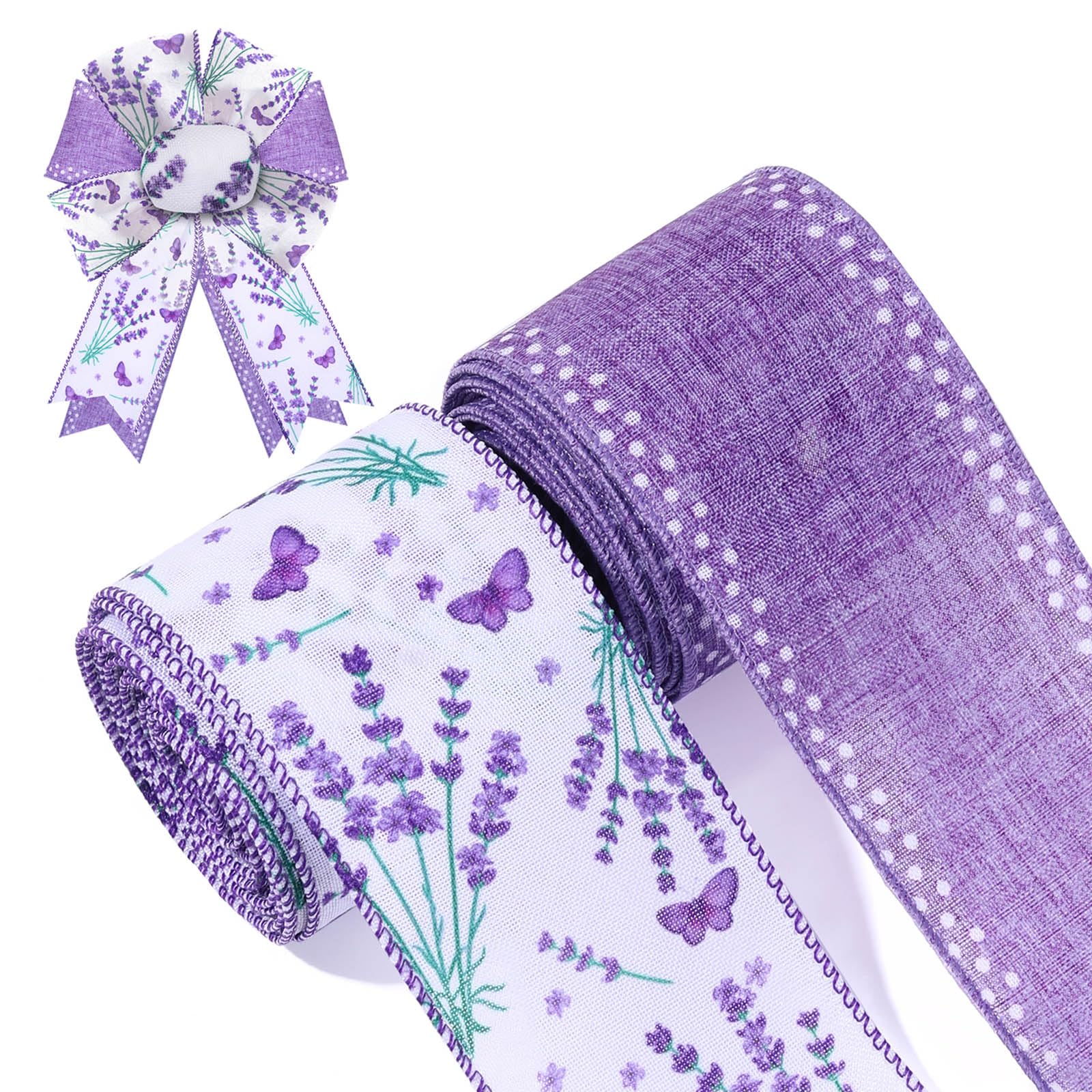 2 Rolls Lavender Wired Edge Ribbon 2.5 Inch Purple Floral Butterfly Printed Ribbon Spring Summer Fabric Ribbon for Gift Wrapping Wreath Bow Making Wedding Bridal Shower Farmhouse Party Decor