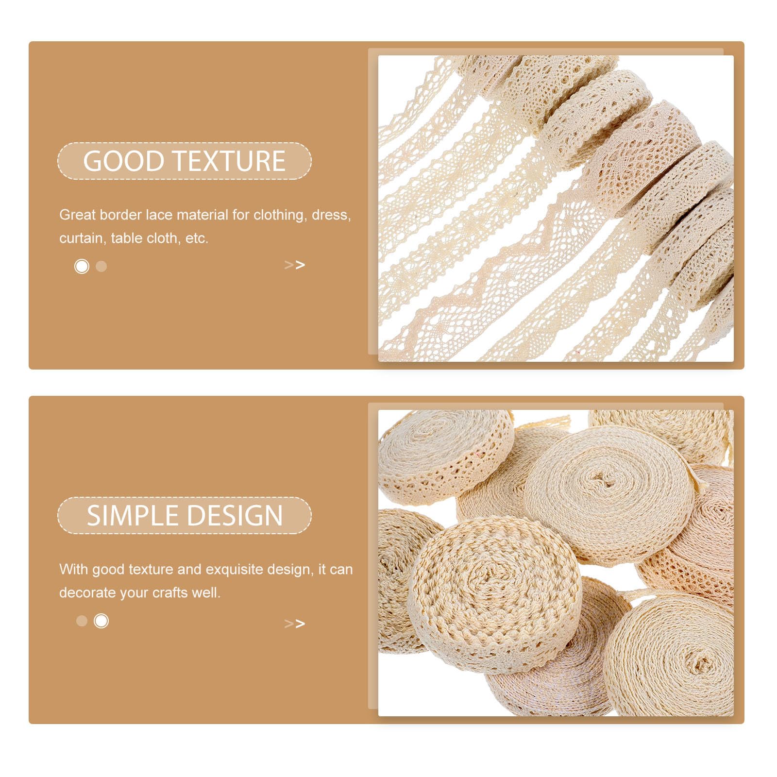 9 Rollos de Encaje de Algodón y Estilo Elegante Beige Textura Varios estilos para Costura y para Cortinas y Muñecas Varios estilos