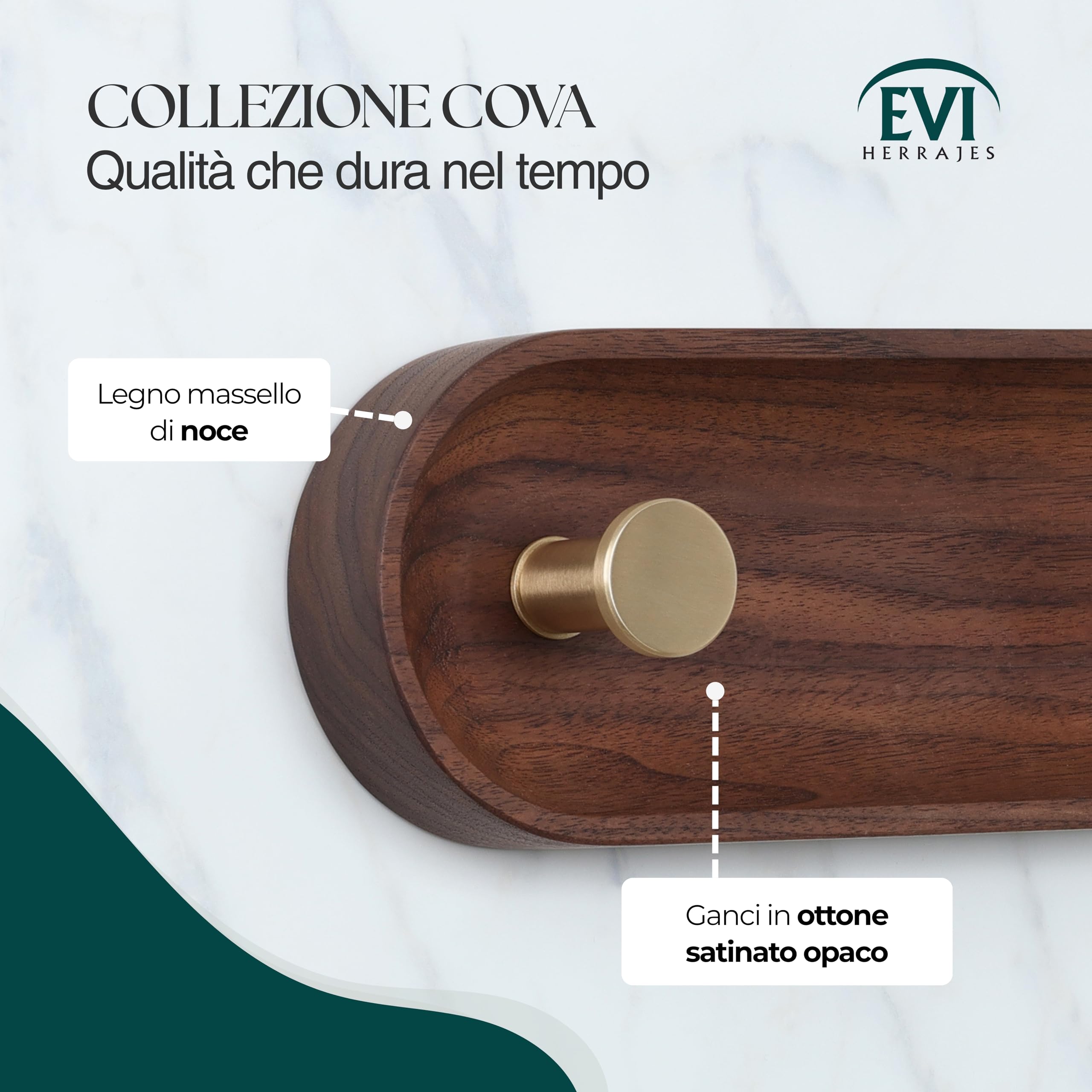 EVI Herrajes | Appendiabiti da parete | 2 ganci | Legno massello di noce | Ganci in ottone satinato | Kit di montaggio incluso | Mod. Cova 2CNOLMT