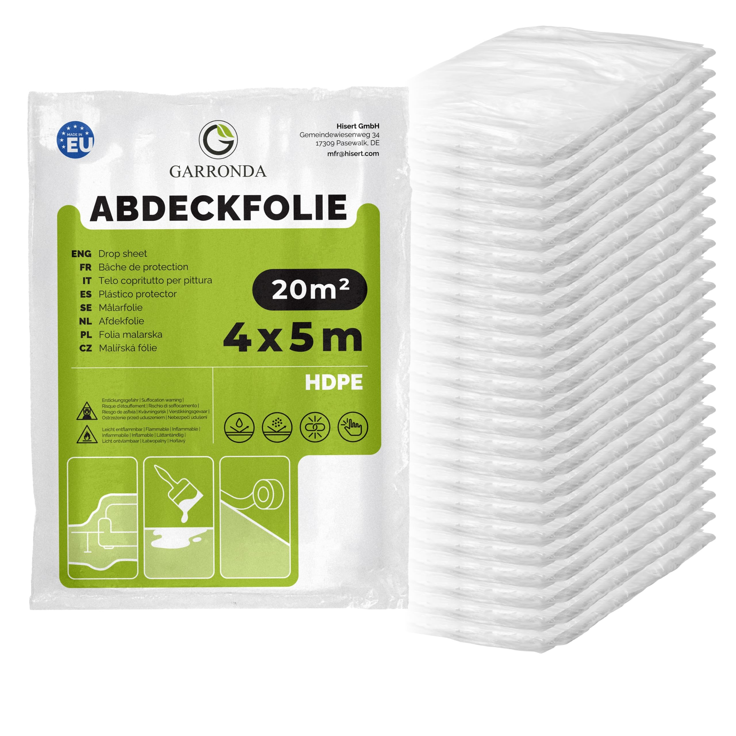 Garronda Abdeckfolie 4x5 m 24er Pack transparent HDPE Malerfolie für Renovierung, Staubschutzfolie Umzug, Abdeckplane Baufolie für Möbel- & Bodenschutz, Folie reißfest GD-0166
