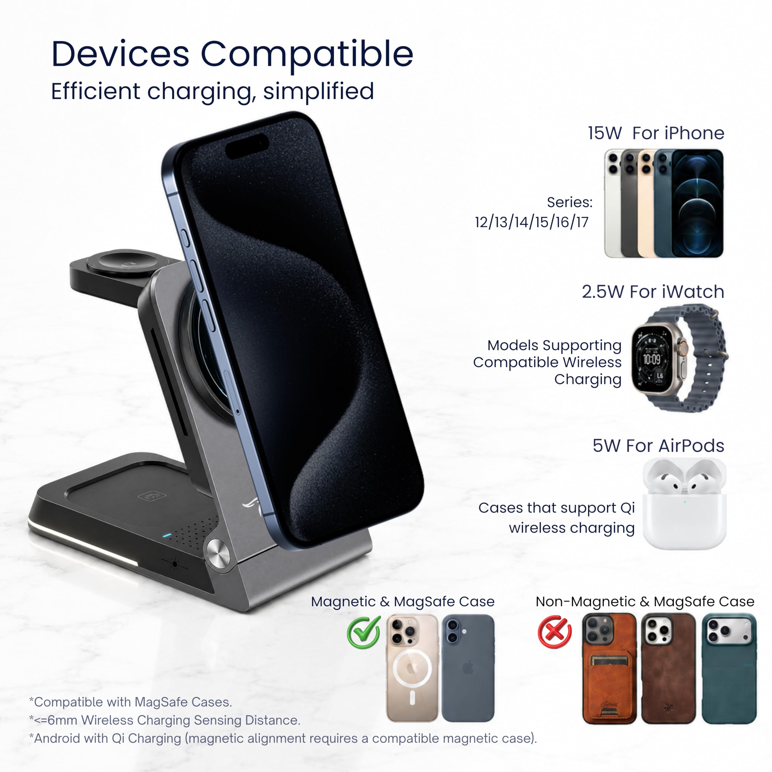 Qi2 3 in 1 Faltbare Magnetische Kabellose Ladestation für Apple Geräte 15W Schnellladegerät für iPhone 11-17, Apple Watch und AirPods Tragbares Reise-Dock, kompatibel mit MagSafe. 30W Adapter