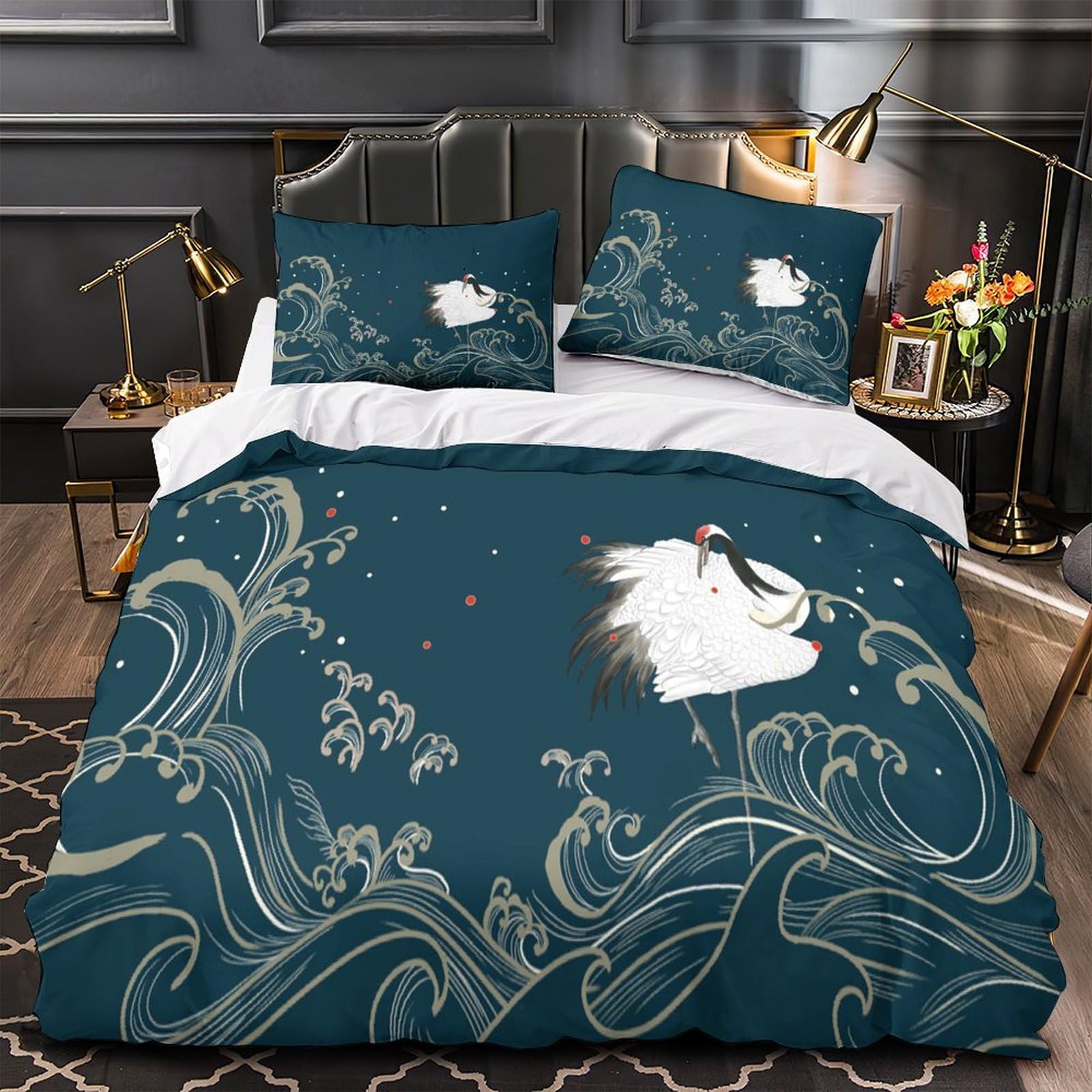 MMDASBVPE Crane Duvet Cover 3D Print Breathable 3-Piece Bed Set Hidden Zipper Japanese Quilt Cover Luxury Wrinkle-Resistant for Teens Adults Kids Women Girls Boys Double（200x200cm）