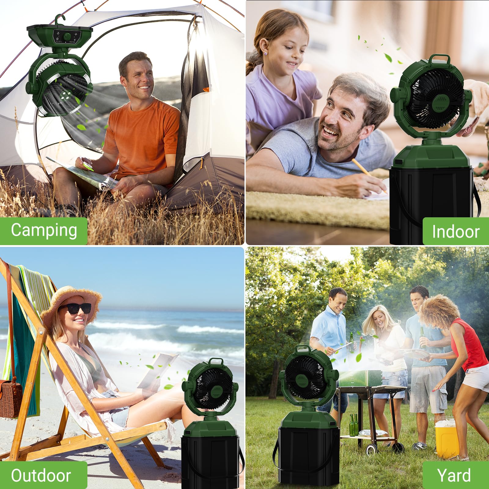 Ventilador de camping con cubo 6L y LED, 20000mAh Battery Portable Misting Fan, 3 modos de nebulización, oscilación vertical 45°, ventilador de nebulización para acampar/pesca/viaje, verde