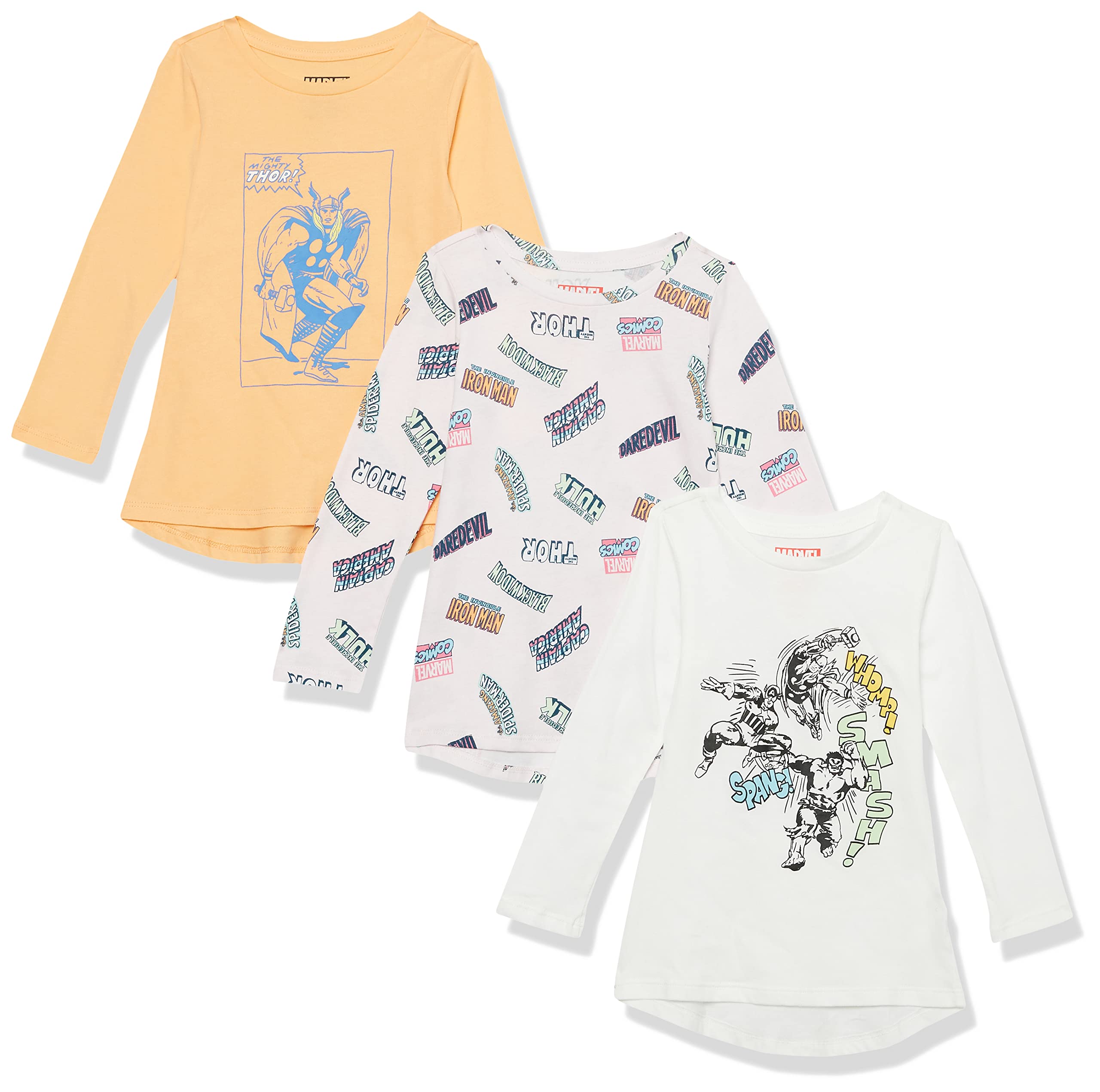 Amazon Essentials Disney | Marvel | Star Wars | Frozen | Princess Girls Tunic Shirts with Long Sleeves, Pack of 3
