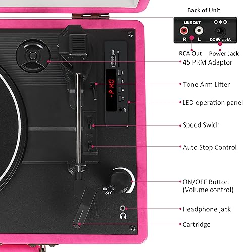 Miniatura 9 de Tocadiscos de maleta con Bluetooth vintage con altavoces integrados, tocadiscos portátil de 3 velocidades con grabadora de audio de vinilo USB,