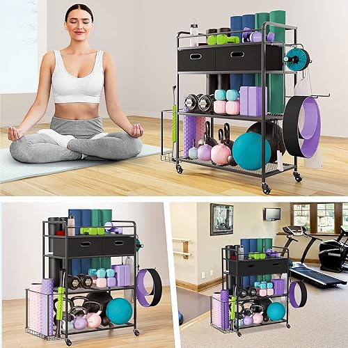 Miniatura 3 de Alkmaar Estantes de almacenamiento para esterilla de yoga, almacenamiento de gimnasio en casa para mancuernas, pesas rusas, esterilla de yoga,