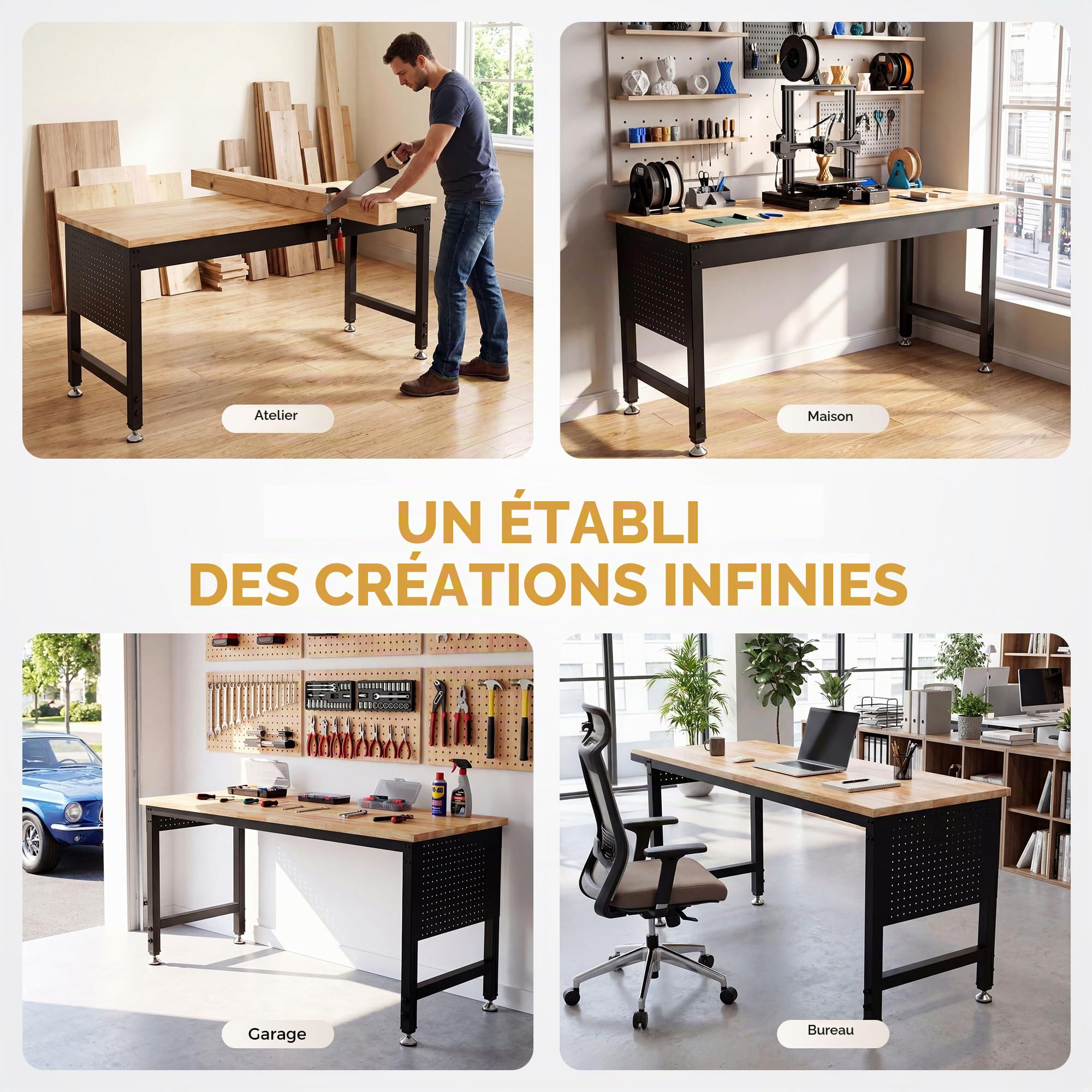 Établi Atelier Garage 152 x 55 cm, Table de Travail Robuste en Bois de Caoutchouc Massif, Capacité 907 kg, 6 Hauteurs(72-99 cm), Panneau Latéral Perforé avec Multiprise, pour Garage (152 x 55 cm)