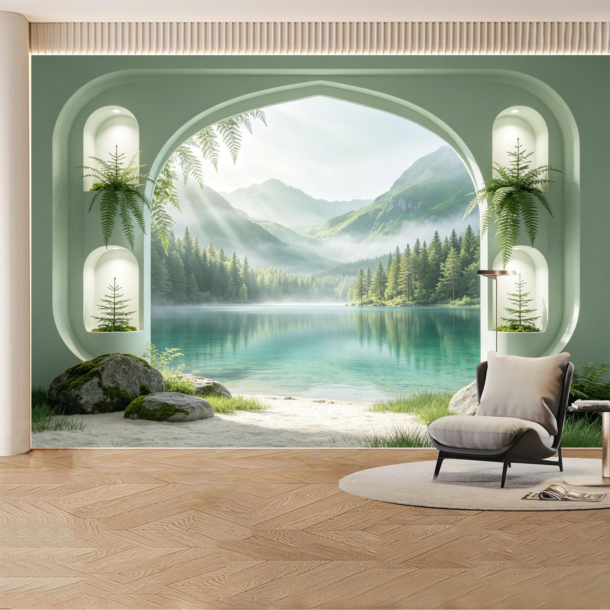 Custom Wall Mural Wallpaper Mountain Lake Forest Landscape 3D Effect Wall Decor Minimalist Misty for Living Room， Bedroom， Office
