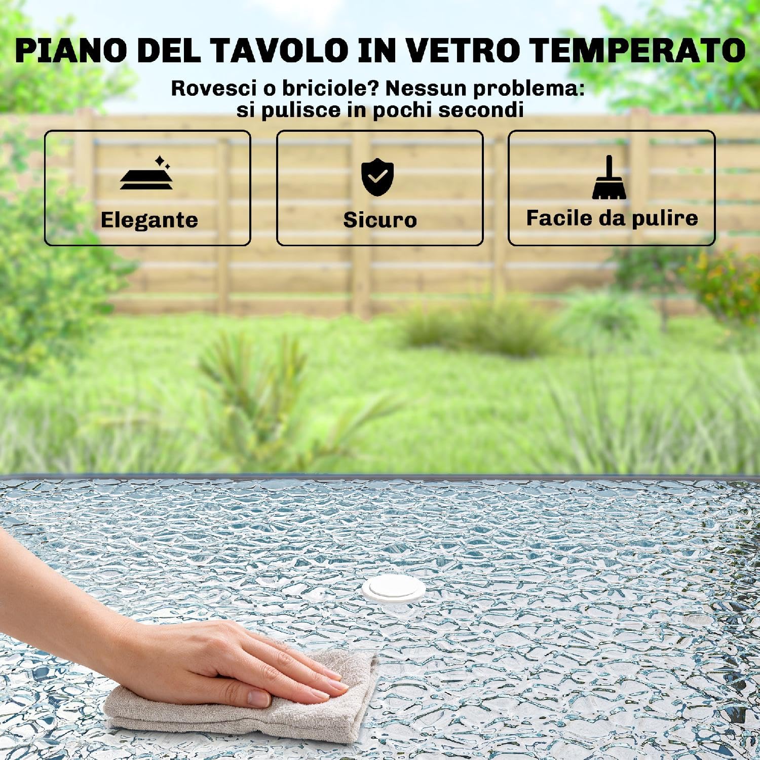 Tavolo e Sedie da Esterno da Giardino, Rettangolare, con Ombrellone, in Acciaio/Vetro Temperato, 119x68x70 cm, Nero