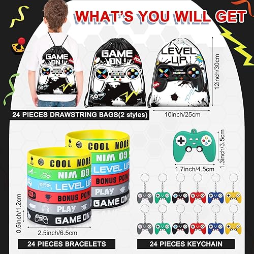 Miniatura 2 de Nosiny 72 piezas de recuerdos de fiesta de videojuegos incluyen 24 bolsas con cordón de regalo, 24 pulseras de silicona, 24 llaveros de control para