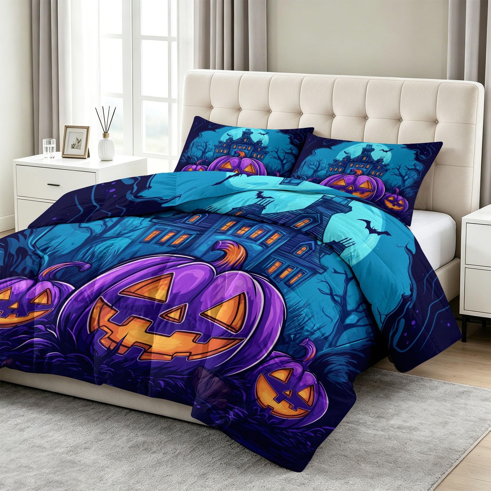 Piumino stampato, 200 x 200 cm, senza copripiumino, motivo zucche viola, case infestate, 4 stagioni, lavabile, morbido e caldo, trapuntino reversibile, motivo per letto matrimoniale e coppia, blu