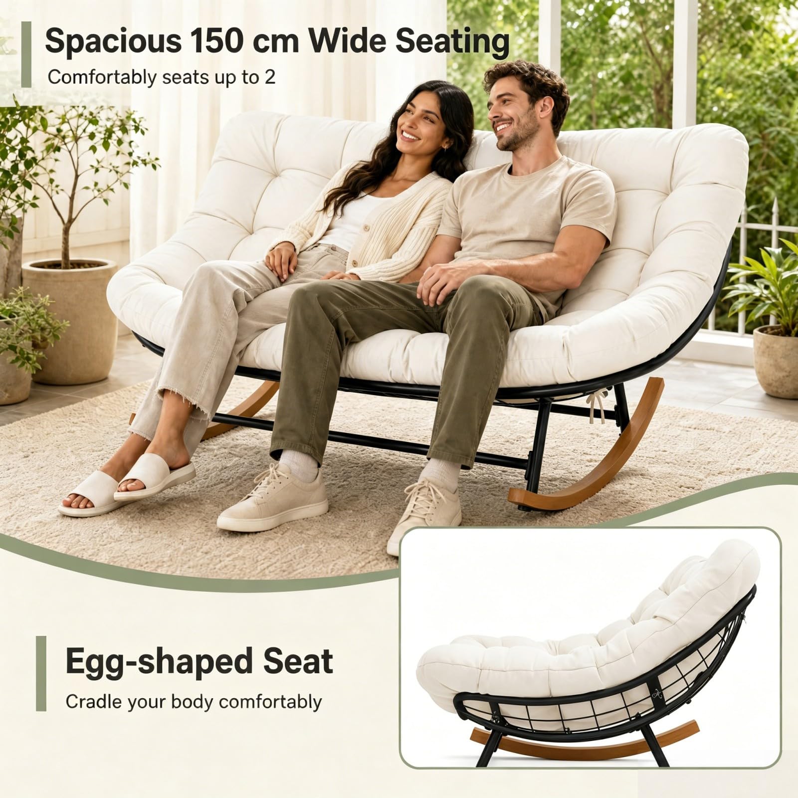 GIANTEX Schaukelstuhl für 2 Personen, XXL Schwingsessel (Beige) | mit dickem Kissen & ergonomischer Rückenlehne, Ei-förmiger Stillstuhl, für Wohnzimmer, Balkon & Garten, Tragfähigkeit 320 kg