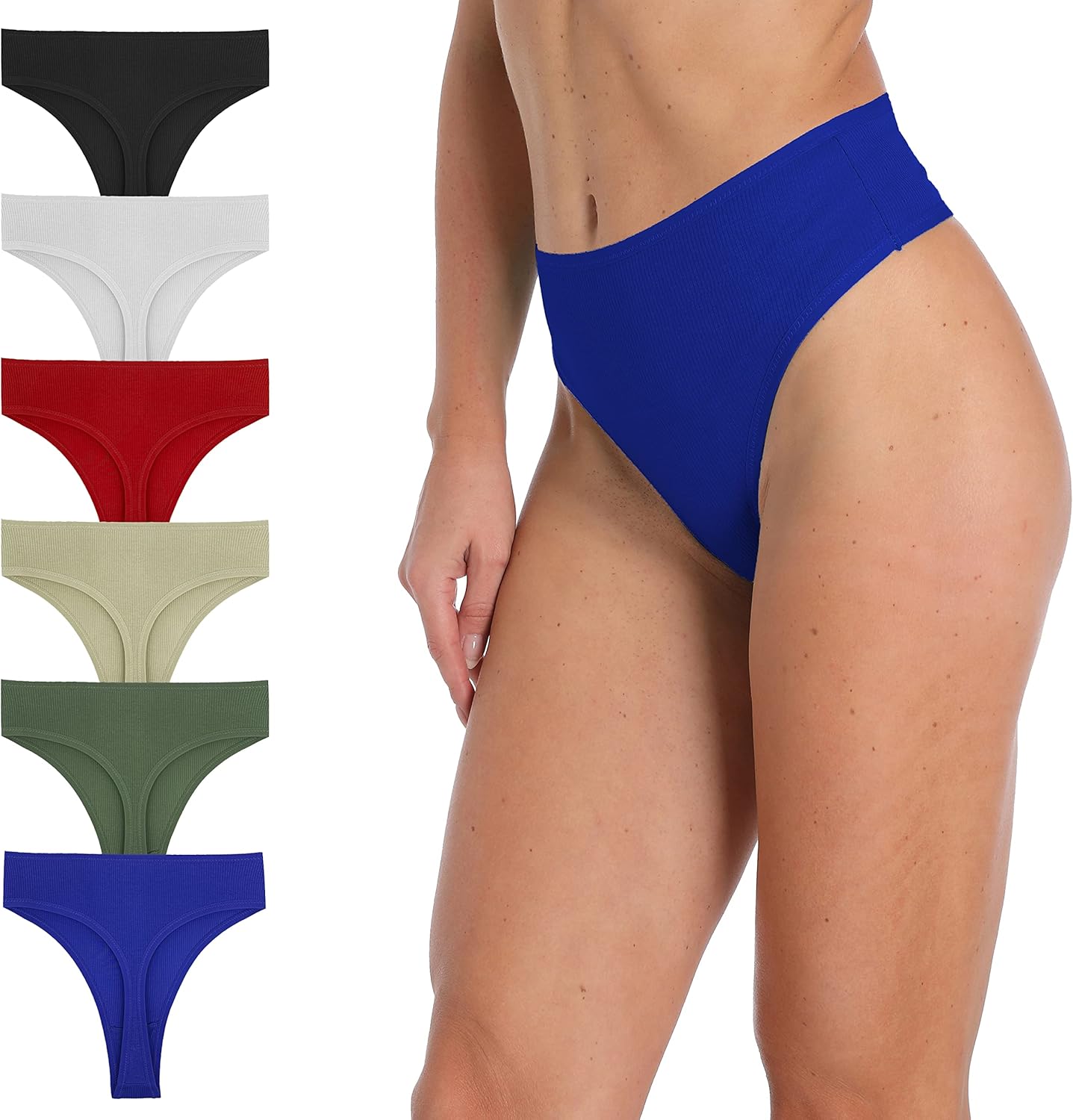 6 Pack Women's Ribbed Cotton Thongs High Waist Seamless Panties Plus Size High Rise No Show Underwear - Image 5