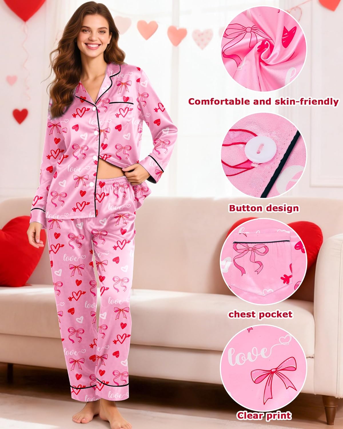 Women's Pajama Sets Silky Satin Cute Pjs 2 Piece Loungewear Soft Long Sleeve Button up Ladies Sleepwear S-XL - Image 4