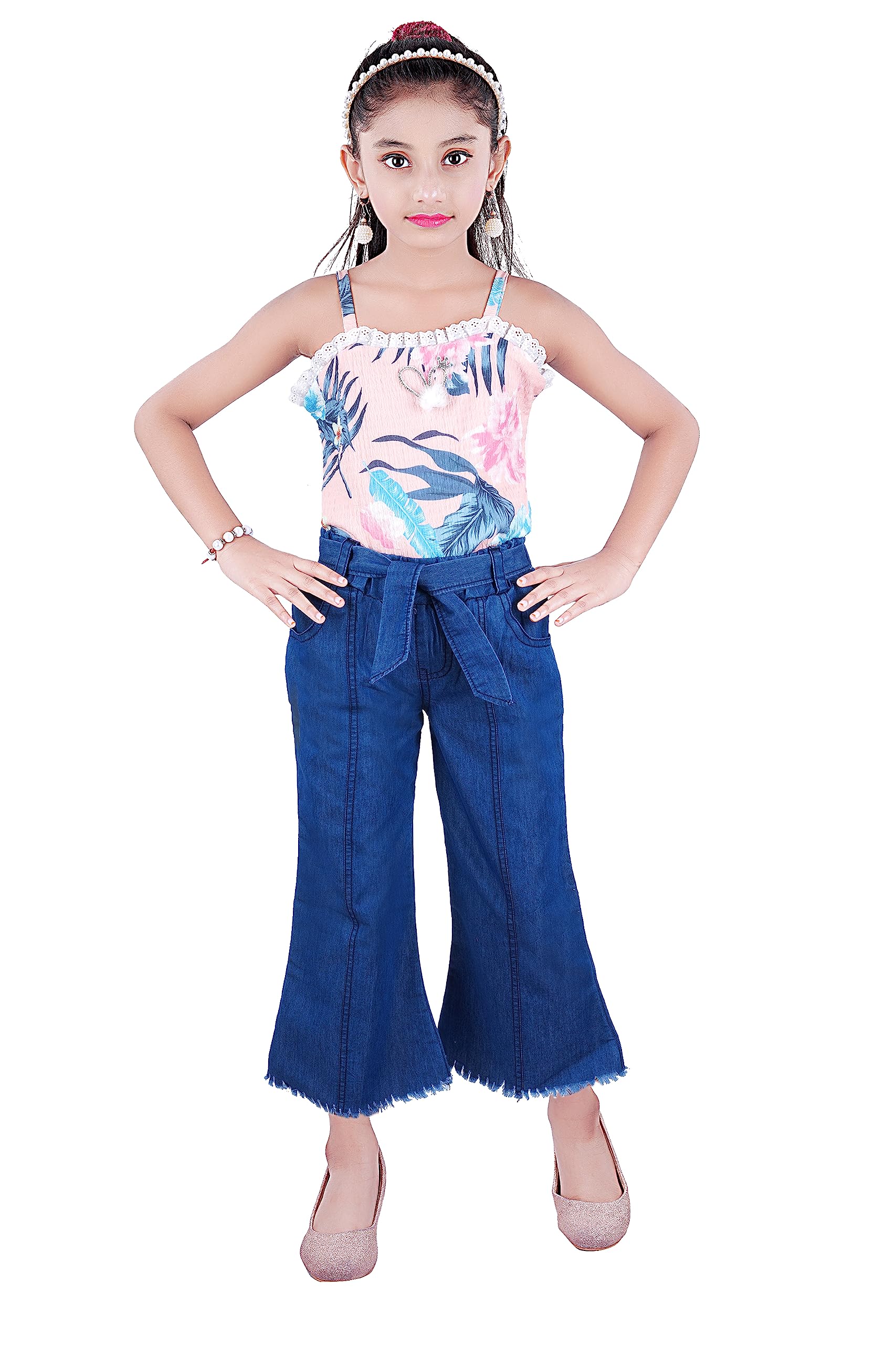BENKILS Palazzo de mezclilla para niñas con cinturón | Ropa inferior de ajuste regular | Pantalones Palazzo relajados