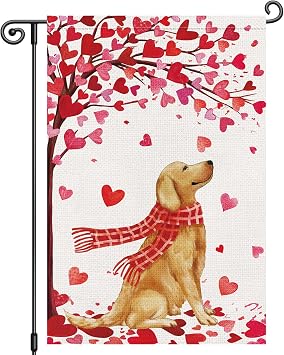 Louise Maelys Happy Valentines Day Garden Flag Golden Retriever Love Heart Tree 12x18 Inch Double Sided Welcome Small Burlap Spring Holiday Yard Outdoor Outside Home House Decor