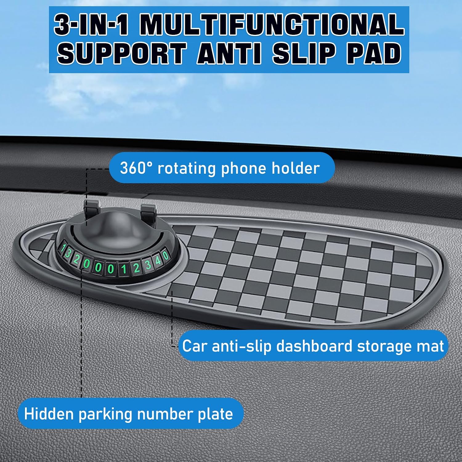 2 PCS Multifunctional Car Anti-Slip Mat, Anti Slip Mat for Car Dashboard with Temporary Parking Number & 360° Rotatable Phone Holder, Organizer Pad for Phones, Keys, Sunglasses(Black, Grey, Brown)