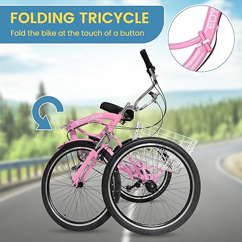 Miniatura 8 de NAIZEA Triciclo plegable para adultos, 7 velocidades, 202426 pulgadas, triciclo plegable para adultos, bicicleta de 3 ruedas, triciclo plegable con