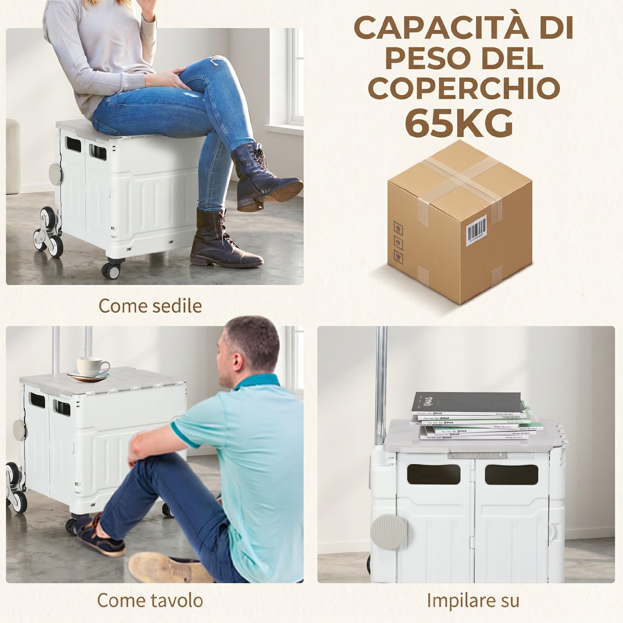 HOMCOM Carrello Spesa Pieghevole con Ruote per Scale e Manico Telescopico, Carrello in Alluminio e Plastica per Spesa e Campeggio, Capacità 80 kg, 51L, 52 x 48 x 100 cm, Bianco