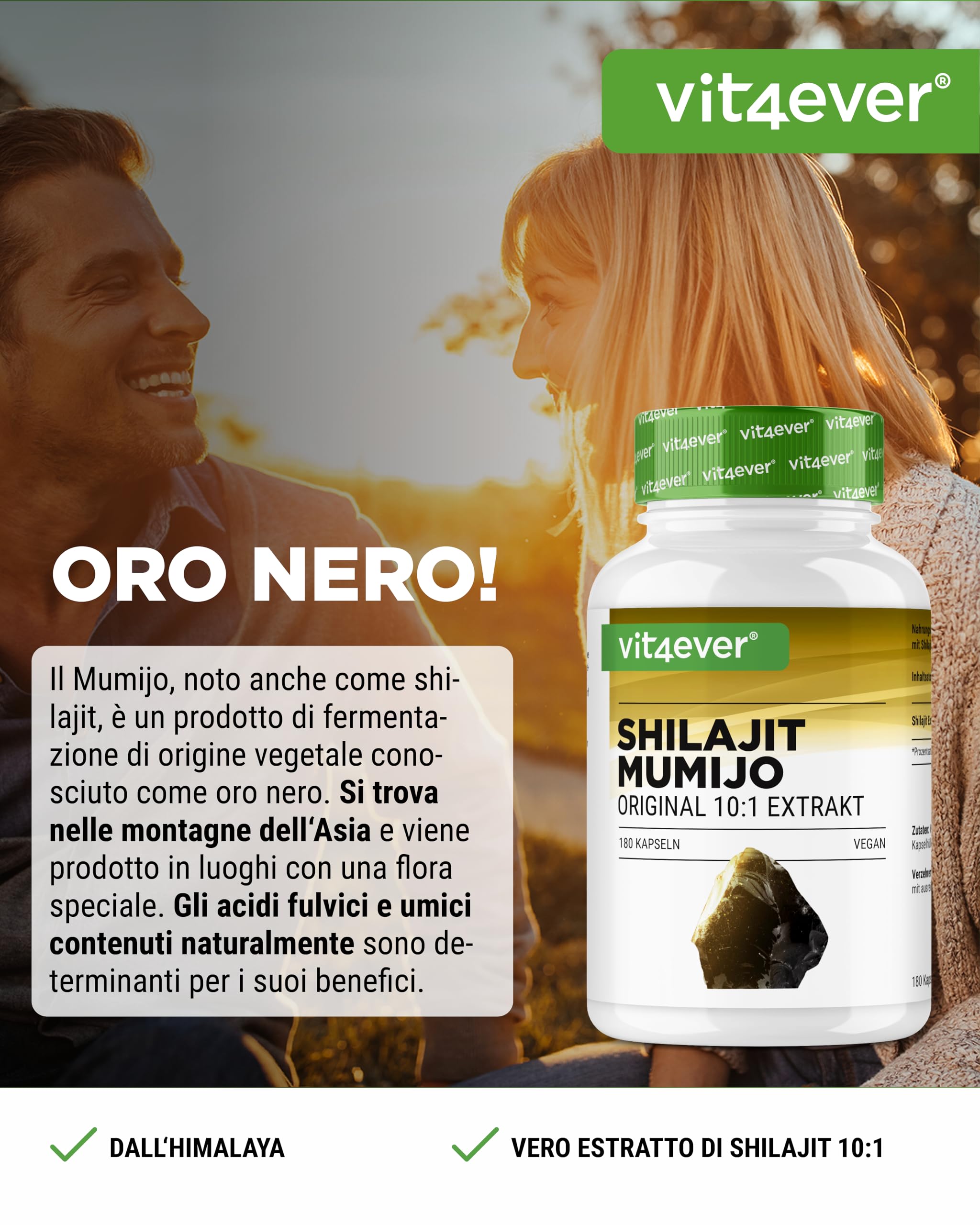 Mumijo Shilajit -180 capsule - Altamente dosato con 1500 mg per dose Giornaliera - Estratto Originale dell'Himalaya 10:1 - Senza additivi indesiderati - Vegan