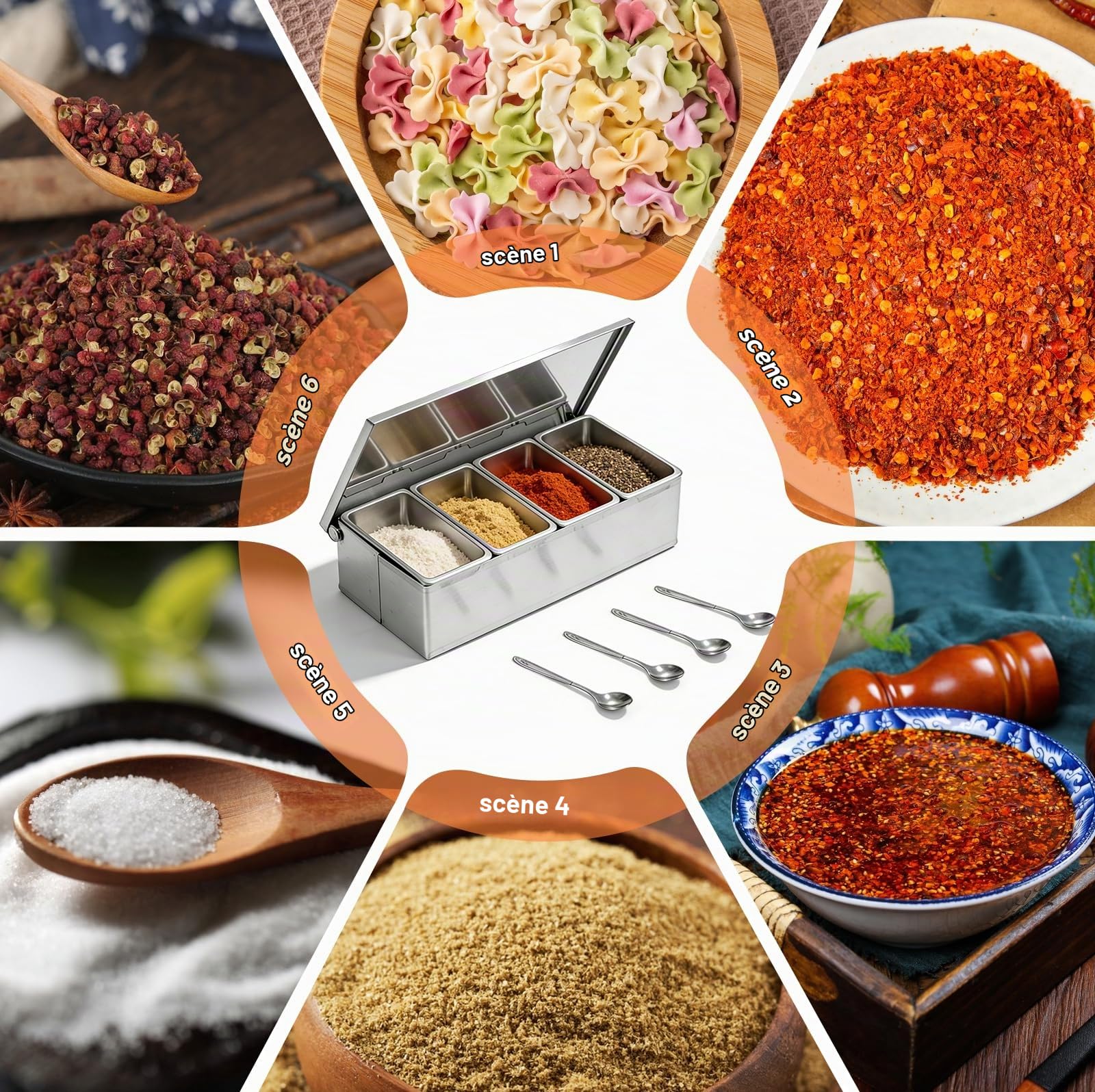 PORFOYO Boîte à Ingrédients En Acier Inoxydable 4 Compartiments: Organisateur De Condiments à 4 Compartiments, Avec Couvercle Et Cuillère, Station De Garniture De Pizza Pour La Maison à Domic