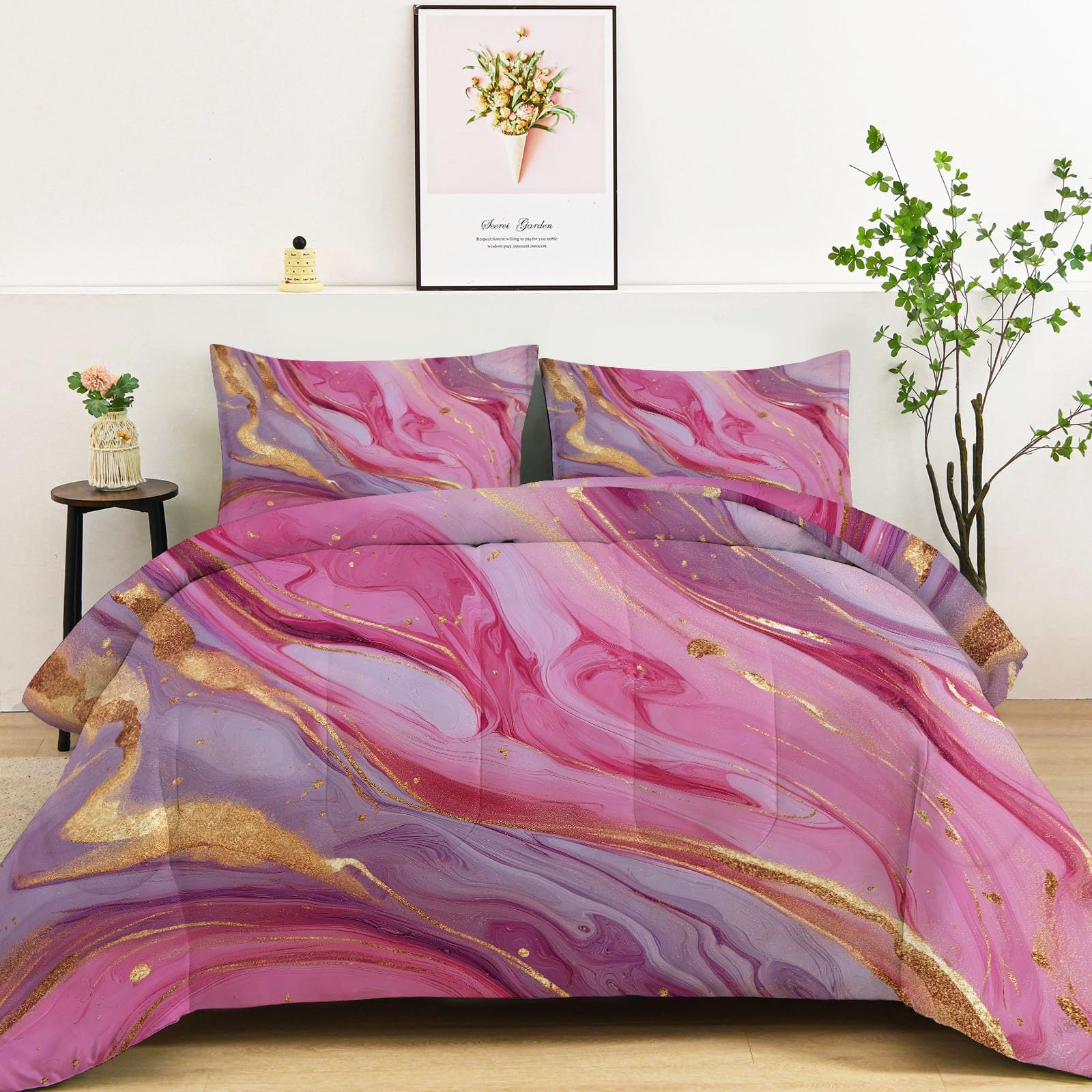 Bettdecke 135x200cm 4 Jahreszeiten Abstrakte Goldene Marmorstruktur Wende Steppdecke, Warme & Weiche Ganzjahresdecke Rosa Bettdecke ohne Bezug - Waschbar Schlafdecke mit 2 Kissenbezug 80x80cm