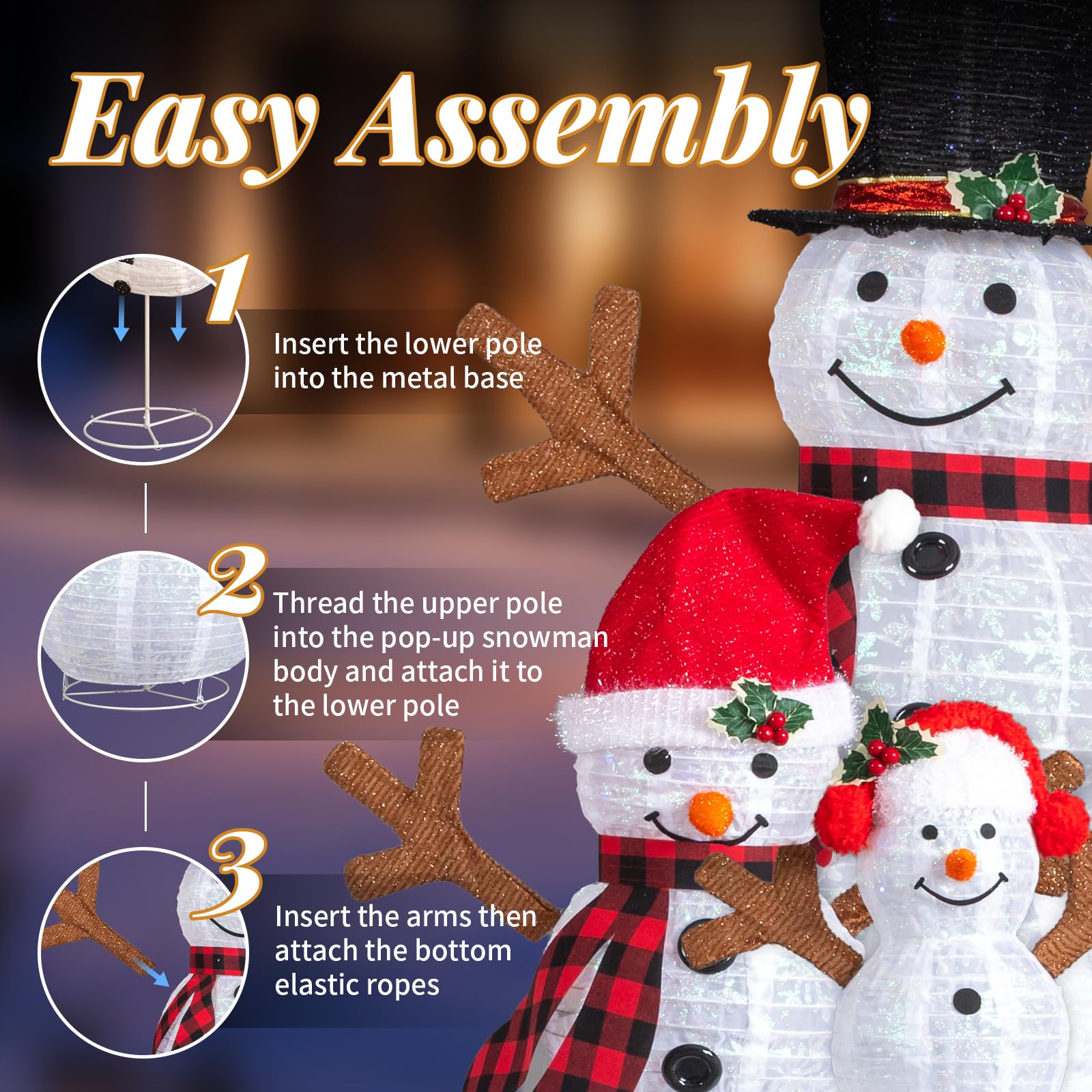 Ensemble de 3 décorations Lumineuses de Noël représentant Une Famille de bonhommes de Neige