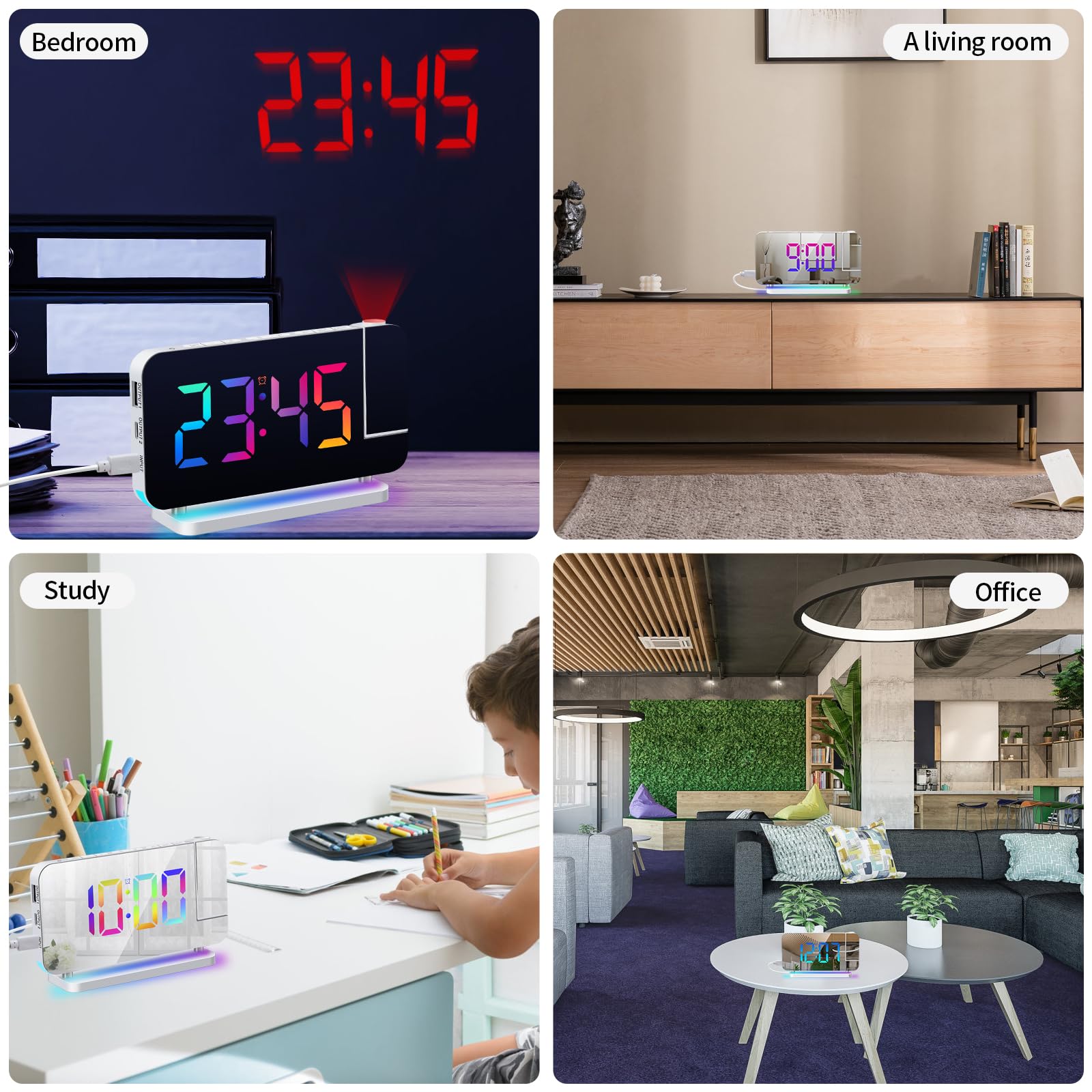 ThreeH Réveil Projecteur LED RGB Coloré avec Surface Miroir Affichage Auto Dimming Volume Réglable Double Port de Charge USB Veilleuse Blanc