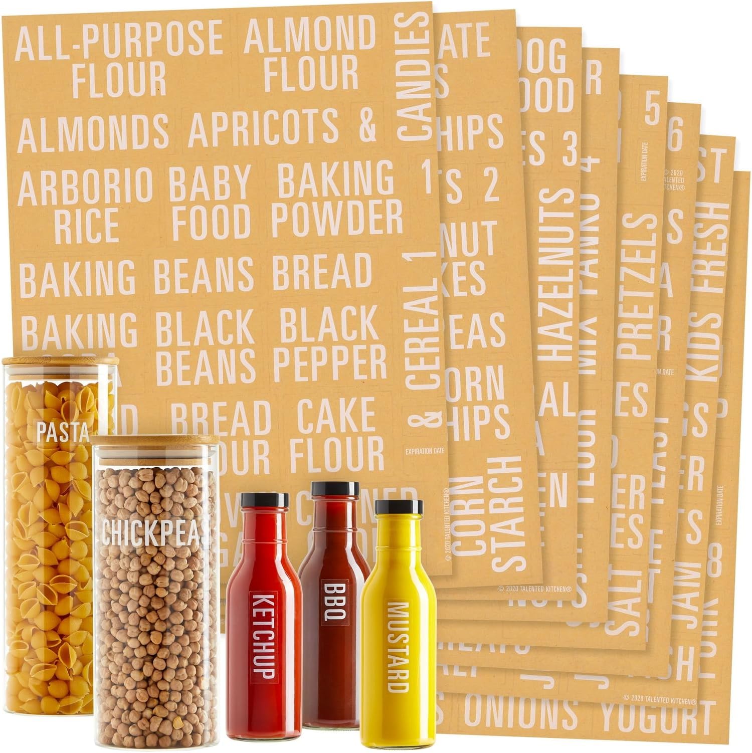 Talented Kitchen Pantry & Fridge Label Set - Water-Resistant Vinyl Kitchen Organization Labels - Preprinted Pantry Container Stickers - Sugar & Flour Baking Stickers - 224-Pack, Medium, White/Clear