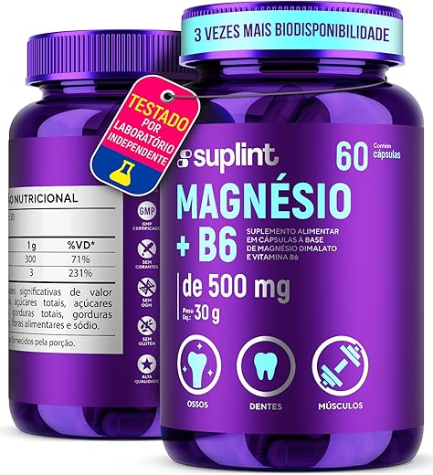 Dimalato de Magnésio 500 MG e Vitamina B6 | Suporte Muscular, Nervoso e Metabólico | Suplemento Vitaminico de Alívio de Estresse | Sem Glúten, Não...