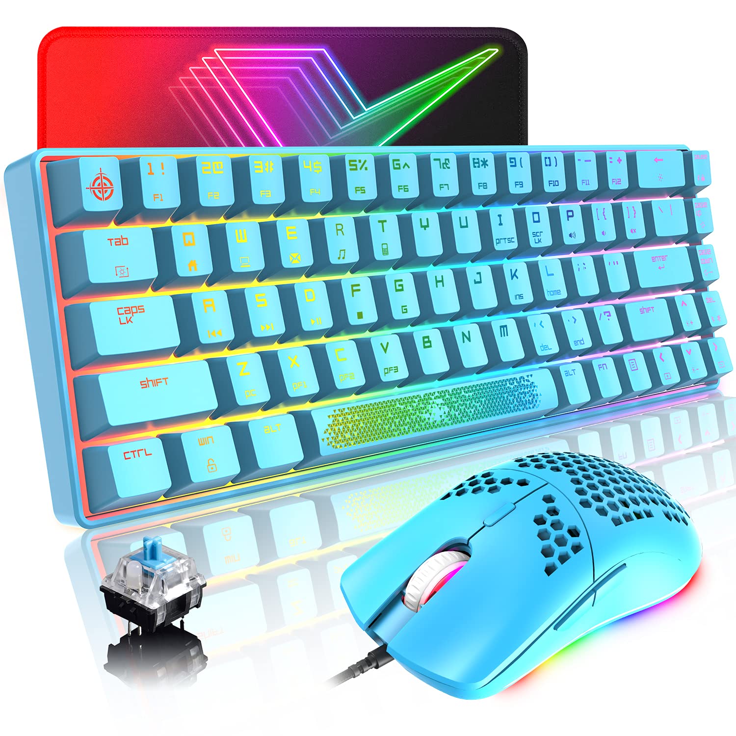 60% RGB Mechanical Gaming Keyboard and Mouse,68 Keys,Blue Switches,Detachable Type-C Cable,TKL Keyboard with Two Magic-refiner Keycaps,Lightweight RGB 6400DPI Honeycomb Gaming Mouse,Mouse pad (Blue)