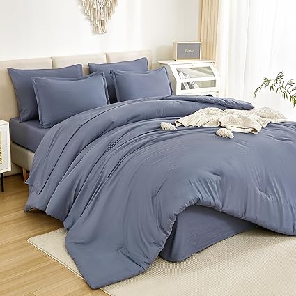 Litanika King Size Comforter Set Bluish Grey - 7 Pieces Bed in a Bag King Bedding Comforter Sets, Solid Lightweight Bed Set with Comforter, Sheets, Pillowcases & Shams