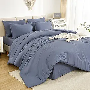 Litanika King Size Comforter Set Bluish Grey - 7 Pieces Bed in a Bag King Bedding Comforter Sets, Solid Lightweight Bed Set with Comforter, Sheets, Pillowcases & Shams