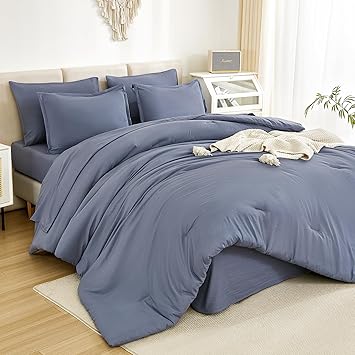 Litanika King Size Comforter Set Bluish Grey - 7 Pieces Bed in a Bag King Bedding Comforter Sets, Solid Lightweight Bed Set with Comforter, Sheets, Pillowcases & Shams