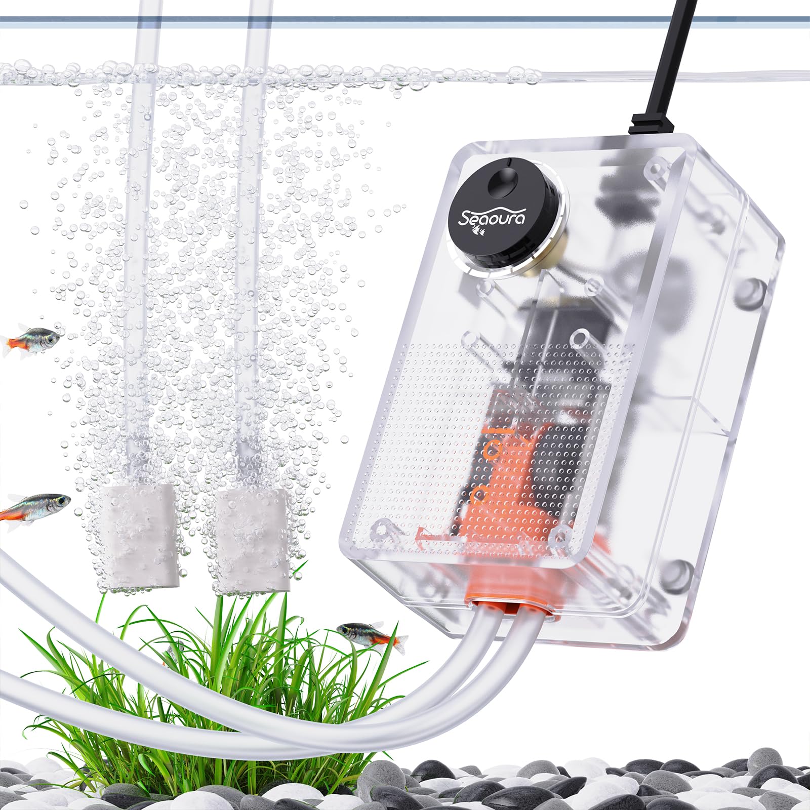 SEAOURA Aquarium Air Pump, Adjustable Quiet Fish Tank Bubbler, 3W/50GPH Oxygen Aerator Pump, Dual Outlets Air Pump for Fish Tank with Air Stone &amp; Tubing Accessories, 10-100 Gallon