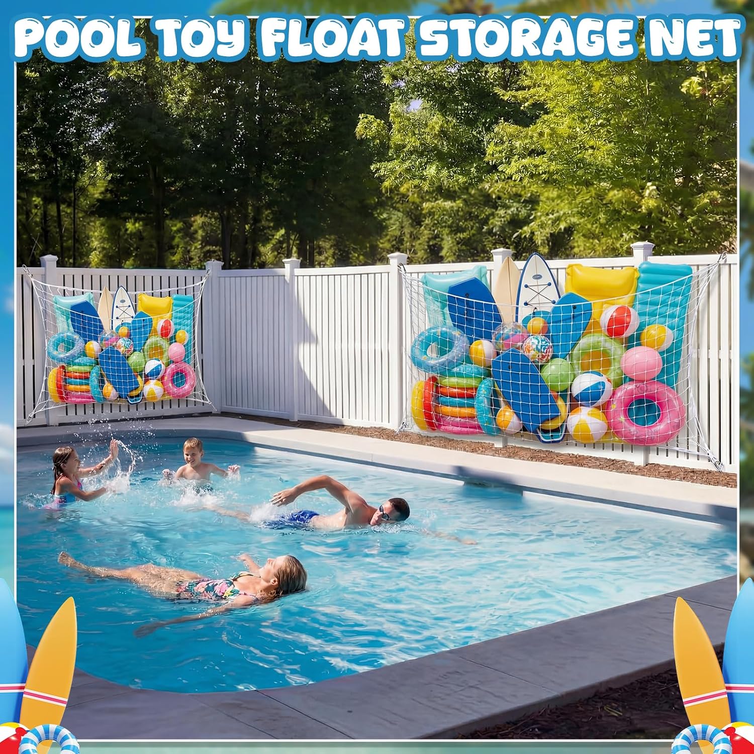2 Pack Large Pool Toy Float Storage Net Poolside Hanging Elastic Mesh Organizer with 20 Hooks Heavy Duty Water Inflatable Toys Holder for Balls Rafts Chairs Accessories