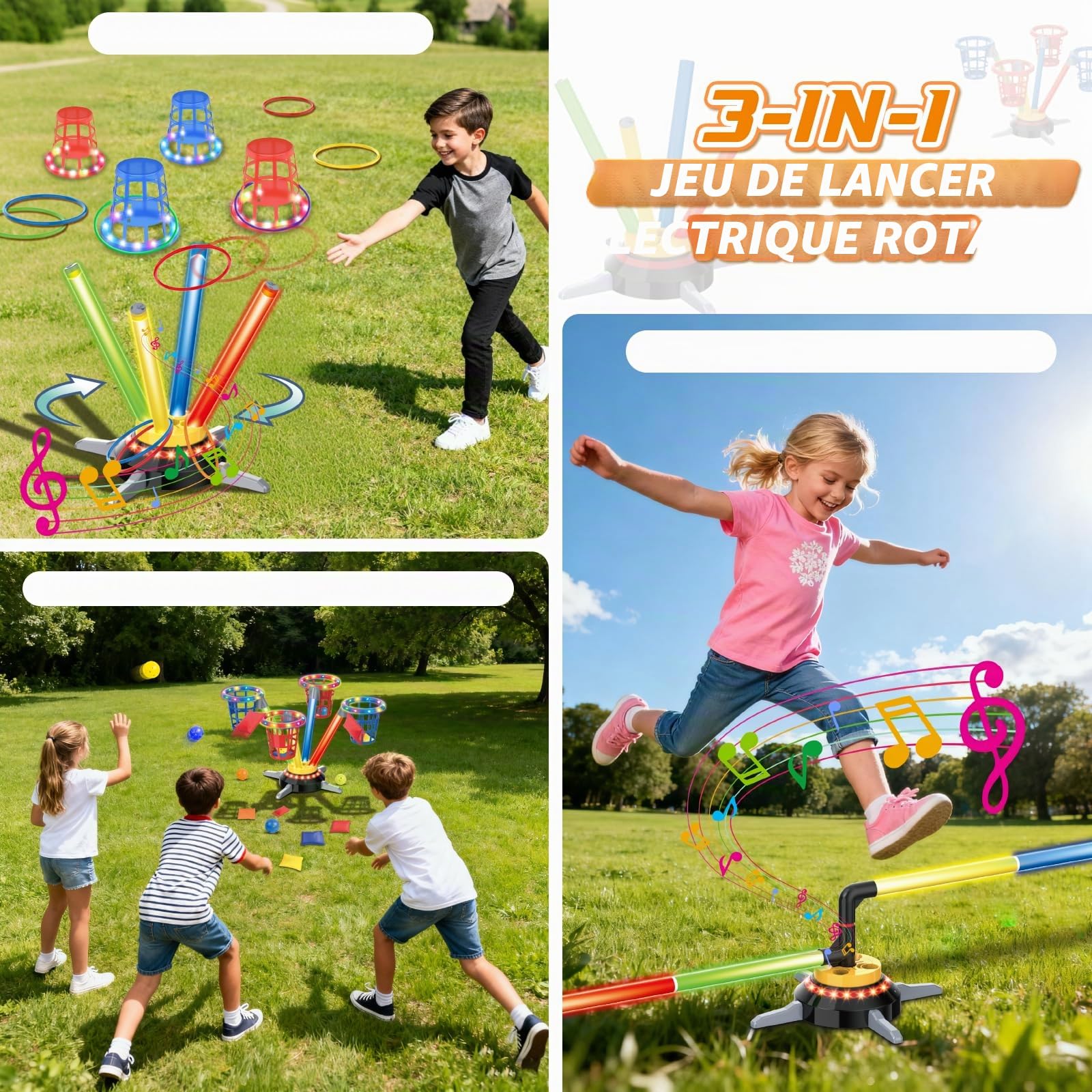 Vatos Jeu de Lancer 3 en 1 Sacs et Anneaux, Sauts Musicaux pour Enfants, Base Tournante Électrique avec Télécommande, Lumières, Jeu de Sport Intérieur/Extérieur pour Jardin pour Filles et Garçons 3+