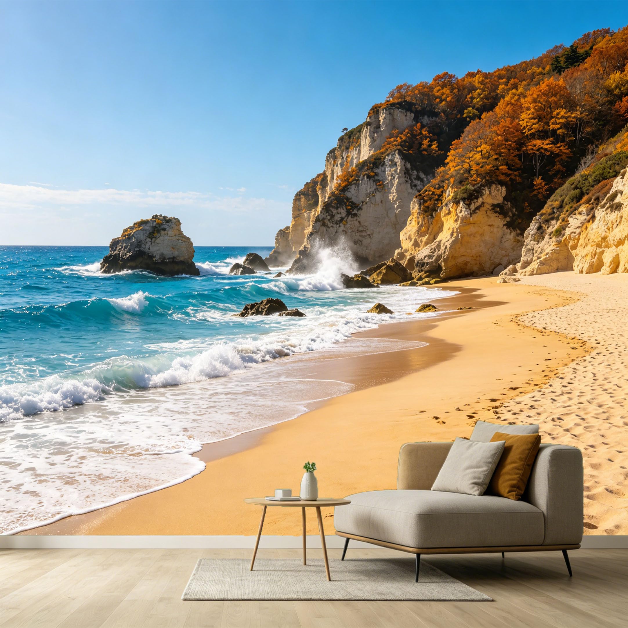 Custom Size Wall Murals Coastal Landscape Autumn Forest Ocean Waves Sandy Shore SelfAdhesive Wall Fabric Removable Large Wallpaper for Photo Living Room