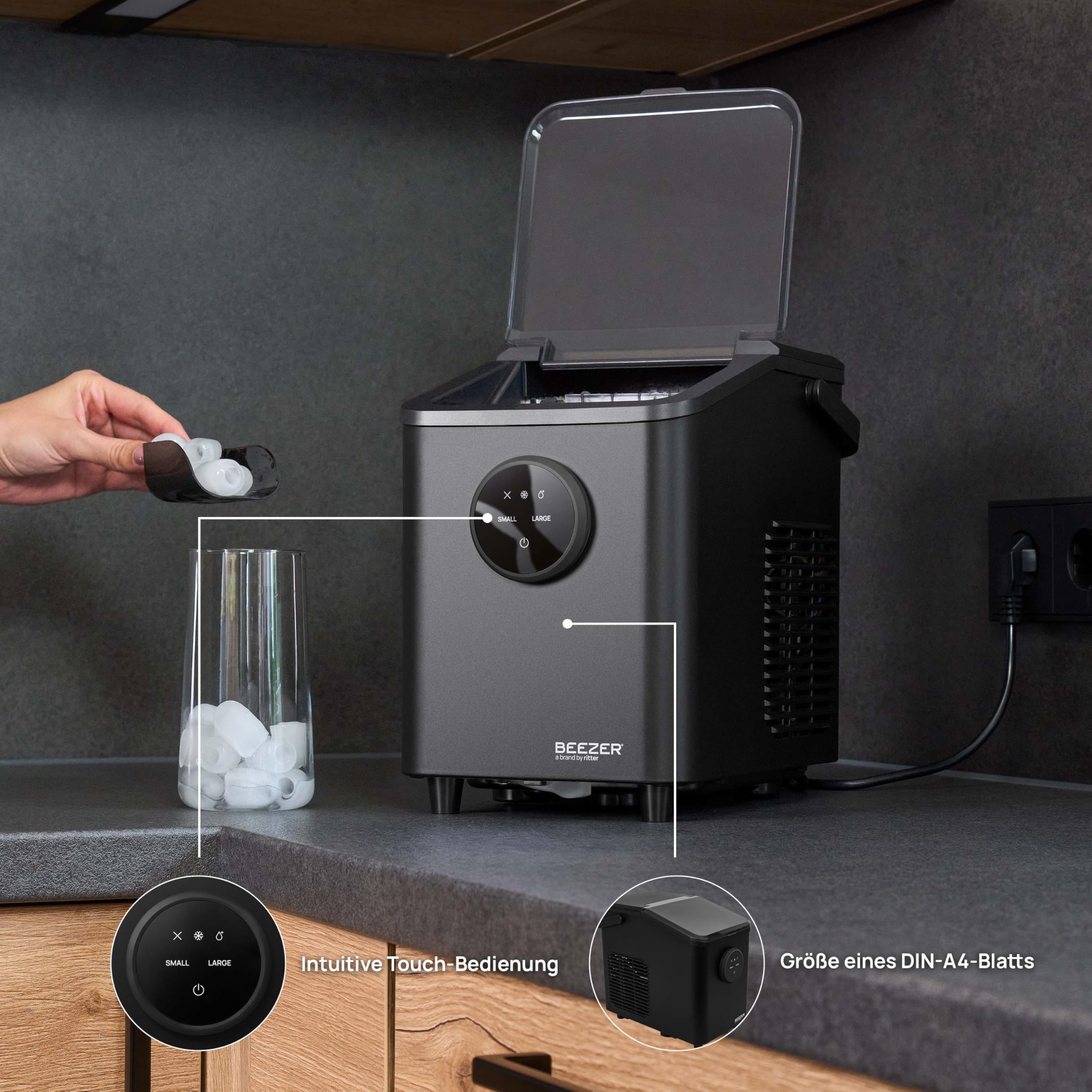 BEEZER® IceCube mini Eiswürfelmaschine, schnelle Eiswürfel, 2 Eiswürfelgrößen, kompakt und tragbar, Schwarz