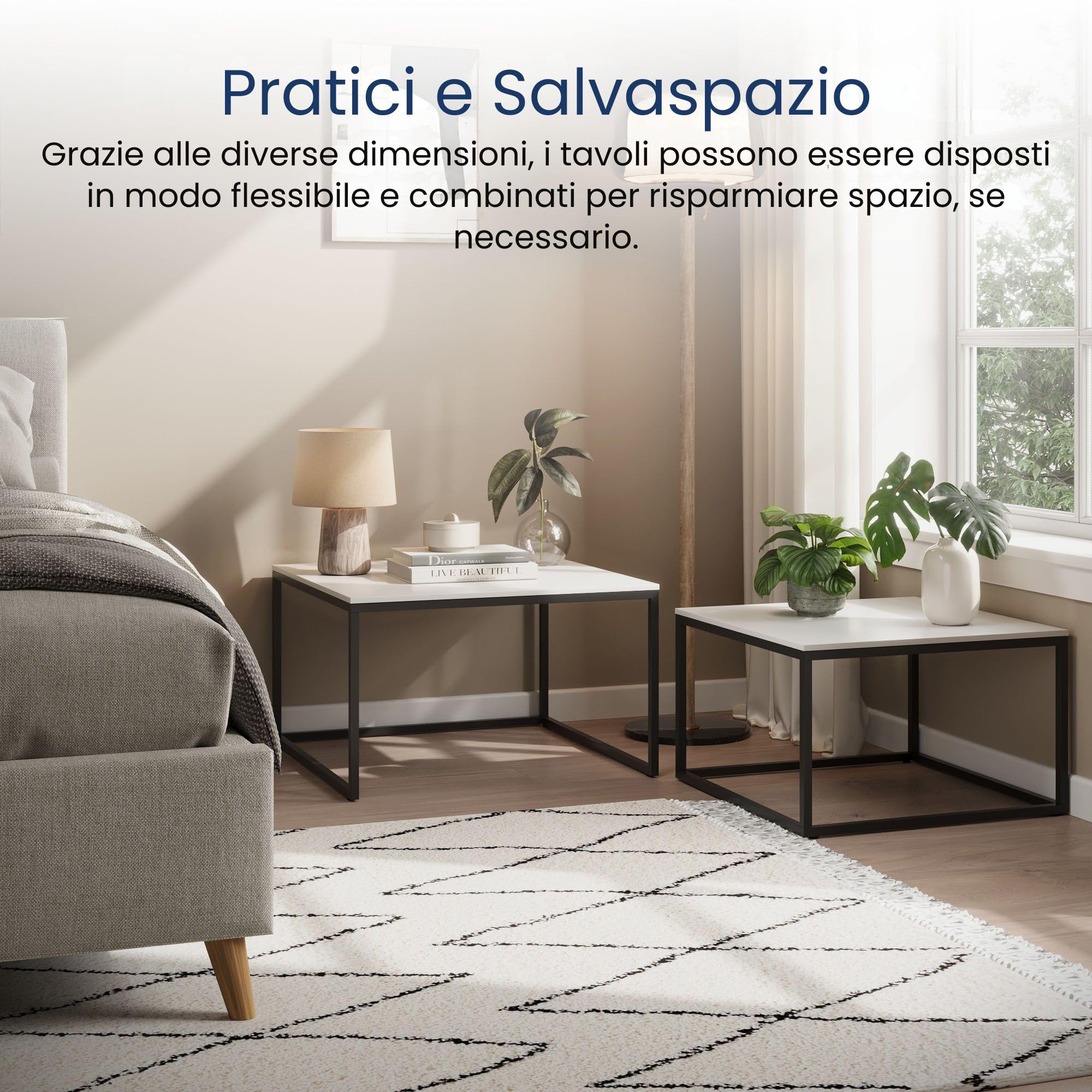 Home Collective Set di 2 tavolini quadrati in legno, tavolino da salotto moderno, set di tavolini 2 in 1 con struttura in metallo per soggiorno ufficio tavolino loft design TWIN | bianco