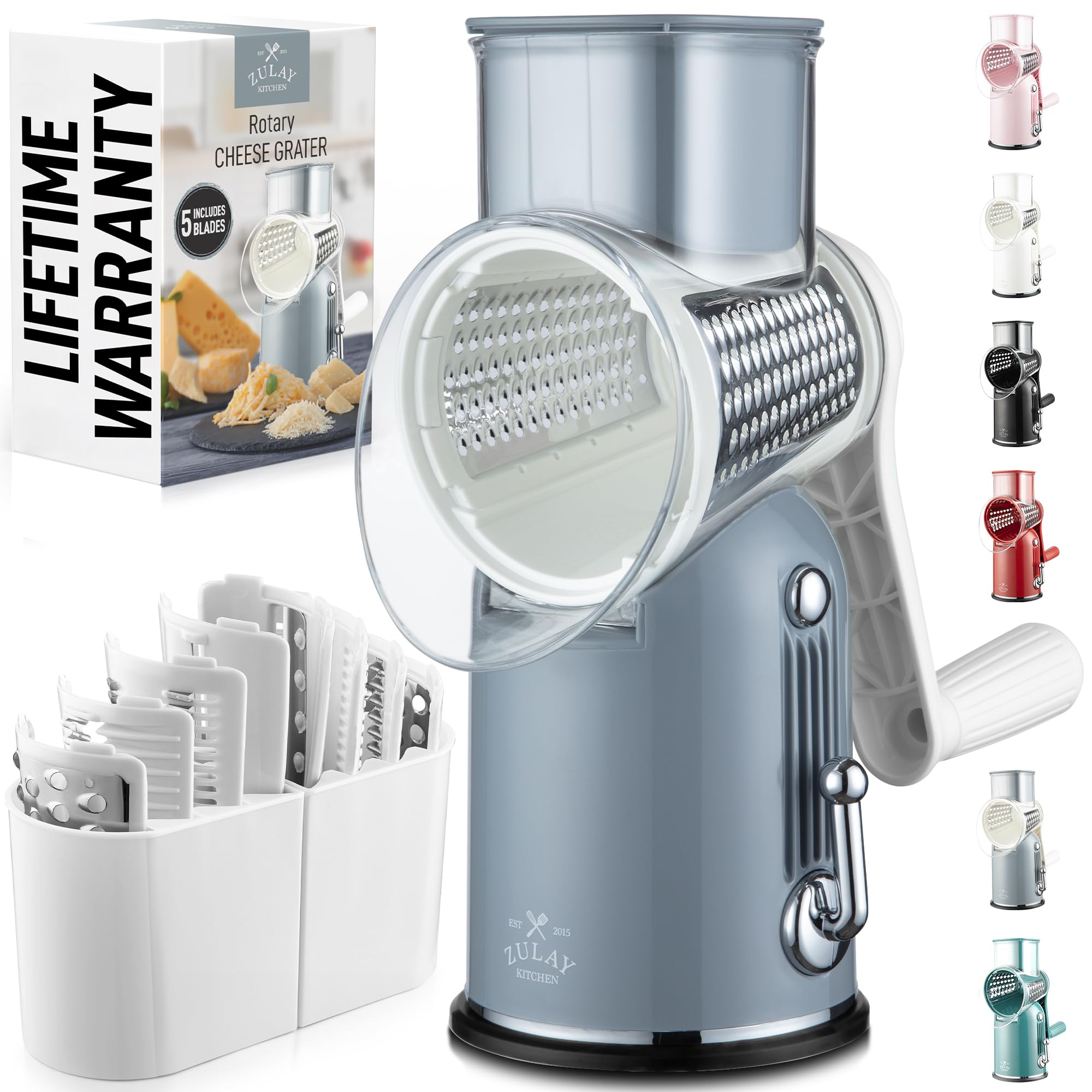 Zulay Kitchen - Râpe à fromage rotative à 5 lames - Râpe à fromage manuelle avec manivelle et aspiration renforcée & 5 tambours interchangeables - Facile à utiliser, hachoir à légumes, mandoline ronde