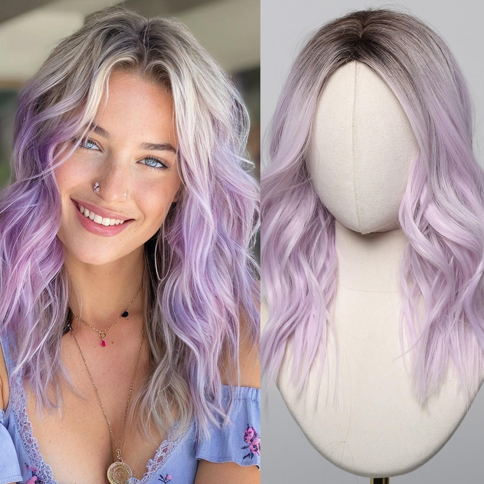 Photo 1 of testar Purple Wig Medium Length Lavender Wigs for White Women 20 Inch Short Middle Part Bob Wig Heat Resistant Synthetic Wavy Curly Wigs for Girls Daily Party/Christmas Use