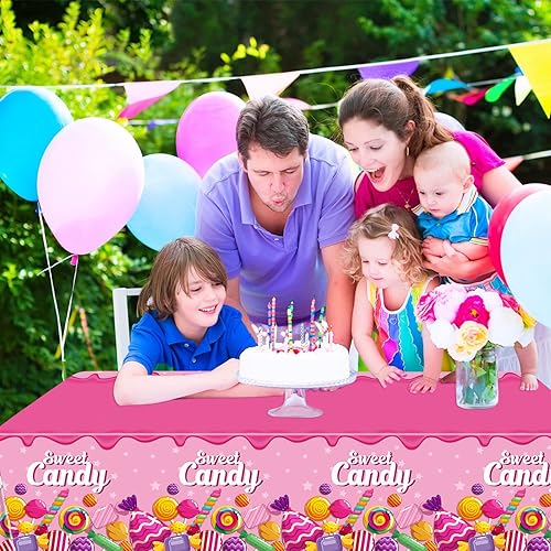 Miniatura 6 de Paquete de 4 manteles de plástico Candy Land de 86 x 51 pulgadas, manteles de plástico de piruleta Candyland para decoración de fiesta de Candyland,